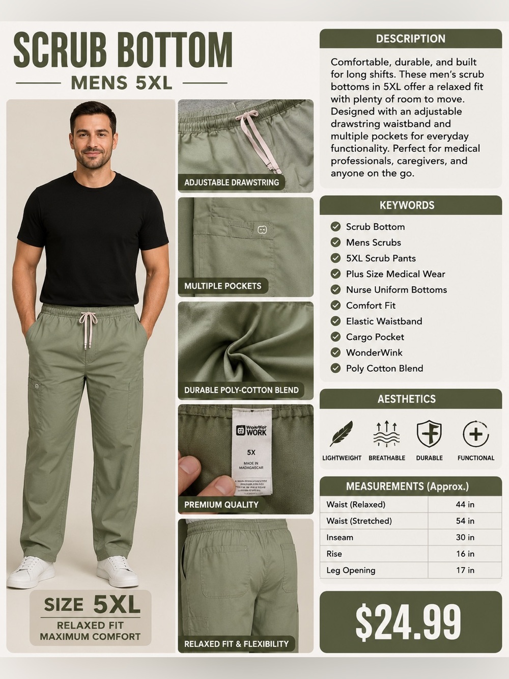 Men's Cargo Drawstring Pants - Sage Green